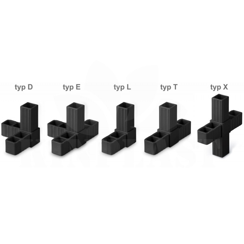 Spojka hliníkových profilů typ T s pravoúhlým vývodem, černá, pro spojení čtyřhranných profilů 20x20x1,5mm