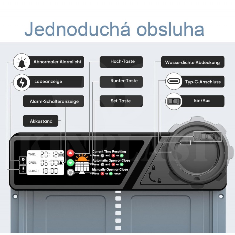 Automatická dvířka kurníku Chamuty Solar 7W, hliníková dvířka, světelný senzor, časovač, dálkové ovládání