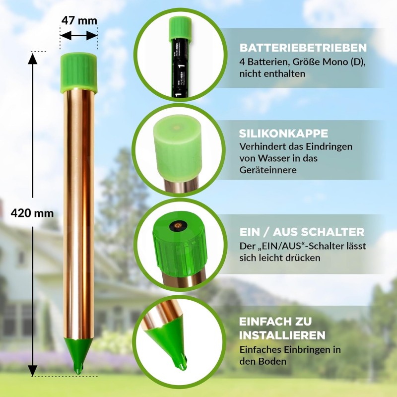 Odpuzovač krtků, hadů, myší, krys a hrabošů Isotronic, 1 kus, napájení na baterie 4xD20, dosah až 1250 m2