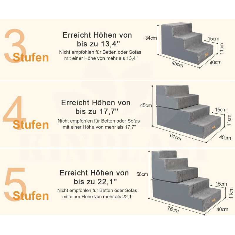 Schůdky pro psy 3stupňové, schody pro domácí zvířata do postele, pratelný potah, protiskluzové dno, 45 x 40 cm