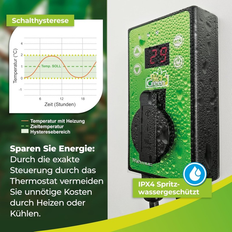 Vytápění skleníku BioGreen, samostatný Termostat max. 3000 W, sepnutí přístroje od -50~99 °C