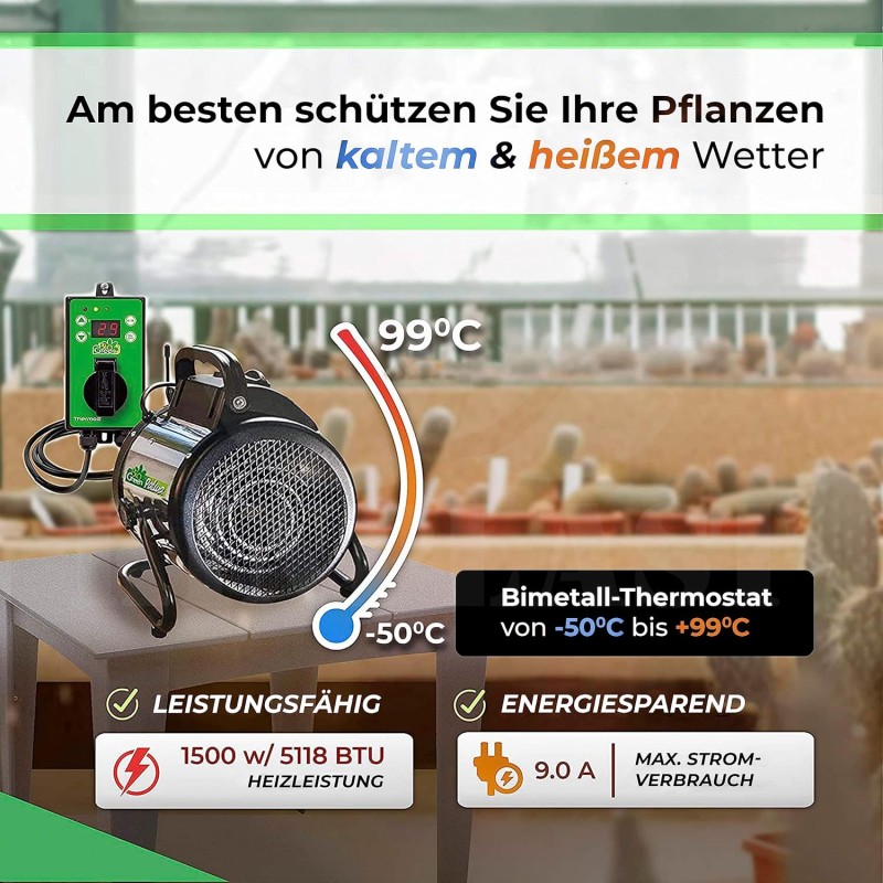 Vytápění skleníku BioGreen Palma 2000 W, nerezové provedení + Digitální termostat se snímačem až 3000 W k regulaci