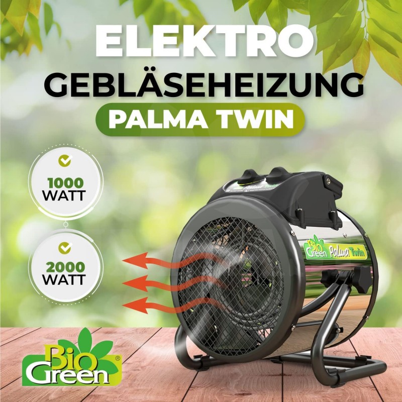 Vytápění skleníku BioGreen Twin 2x 1000 W, nerezový ventilátor, cirkulace 163 m3/h. Výkon max. 2000 W