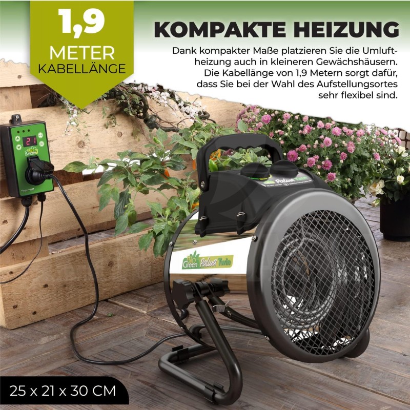 Vytápění skleníku BioGreen Twin 2x 1000 W, nerezový ventilátor, cirkulace 163 m3/h. Výkon max. 2000 W