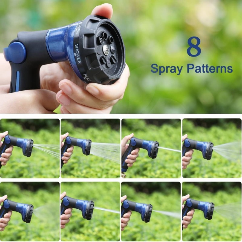 Zahradní kovová zahradní pistole, modrá, 8 vzorů zavlažování, nastavitelný průtok vody pro zavlažování 